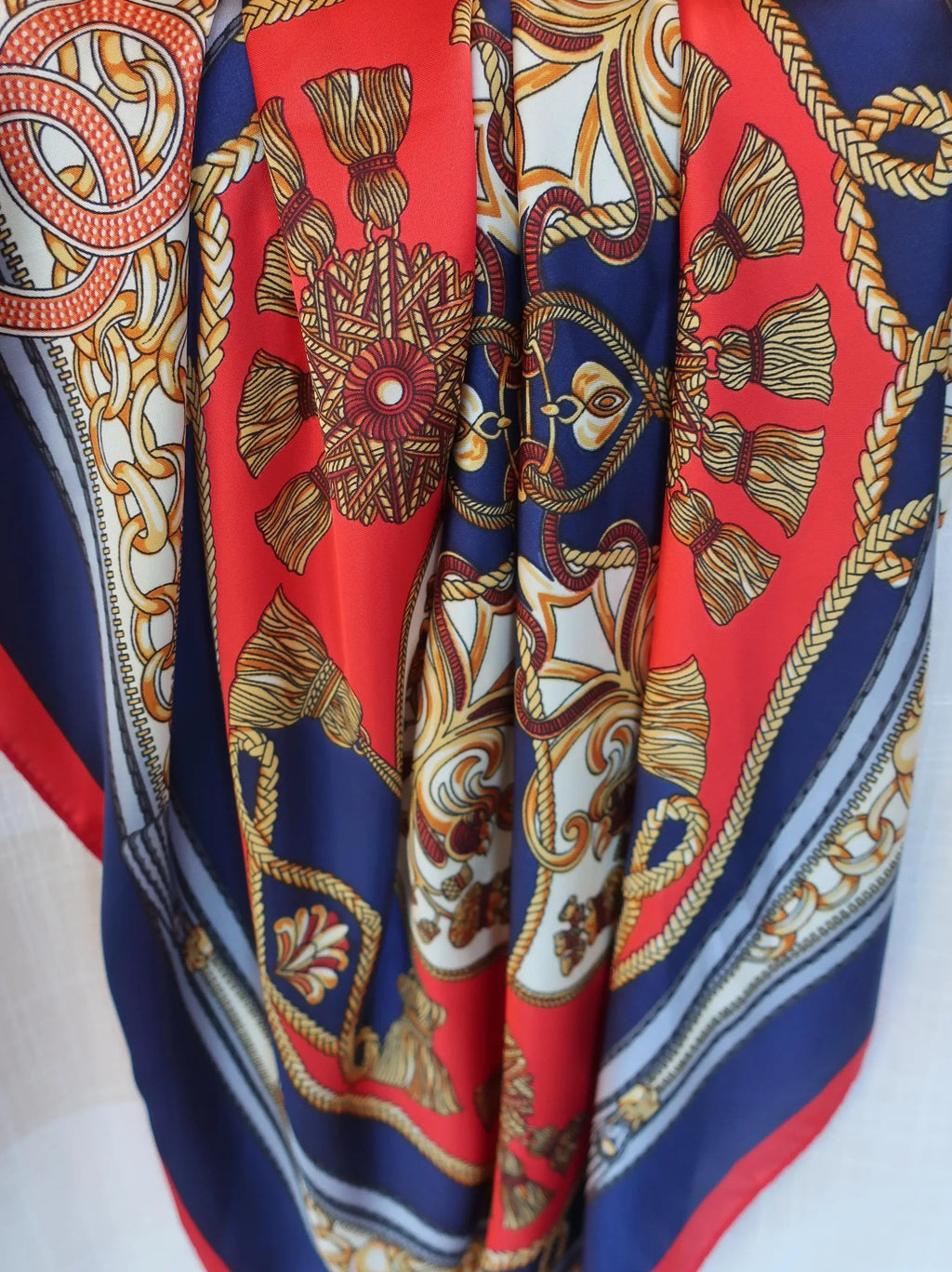 Silk Blend Square Scarf 70×70 cm – Luxury Chain & Tassel Print | Red Navy Gold - Scarves4you