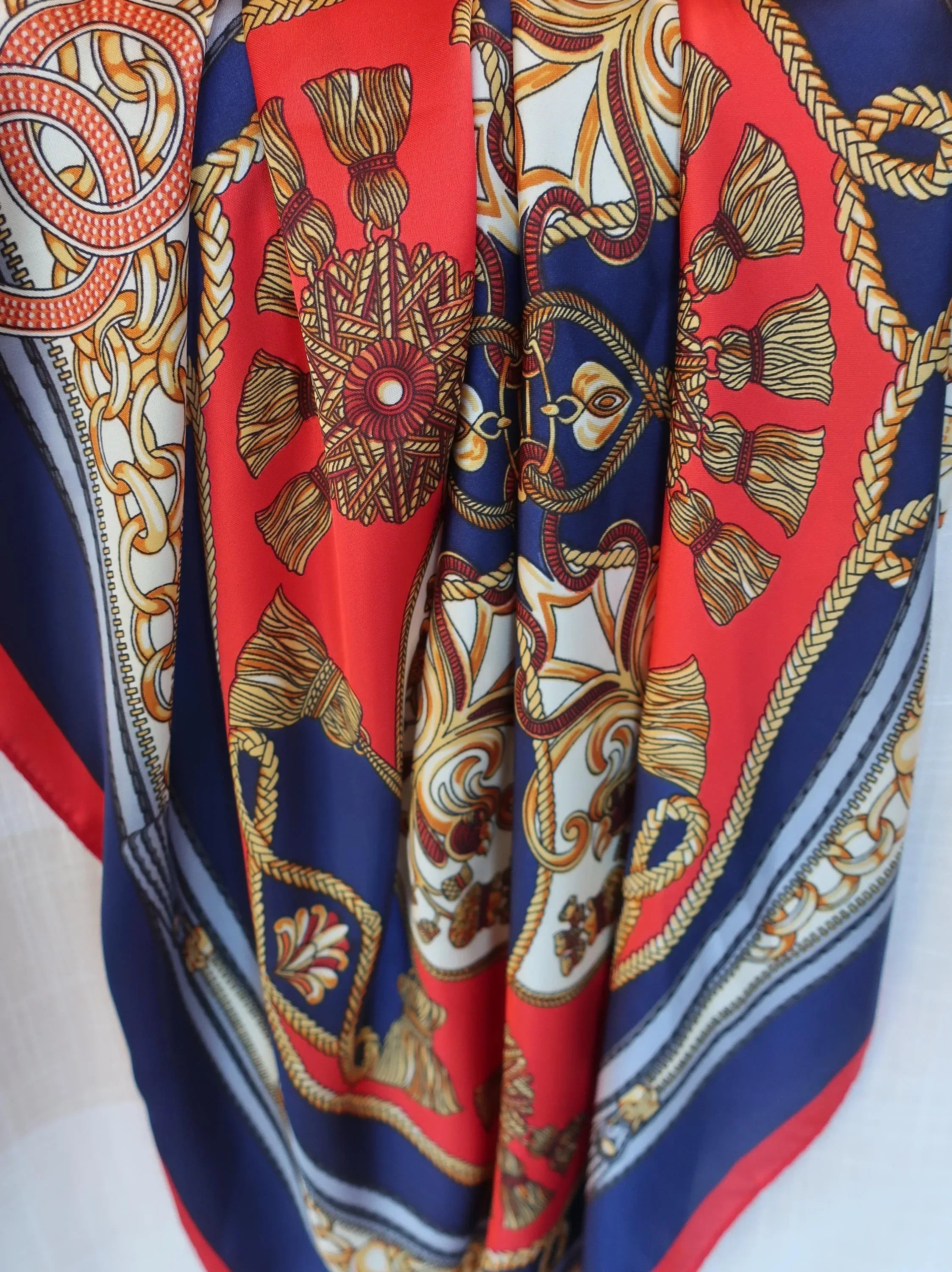 Silk Blend Square Scarf 70×70 cm – Luxury Chain & Tassel Print | Red Navy Gold - Scarves4you