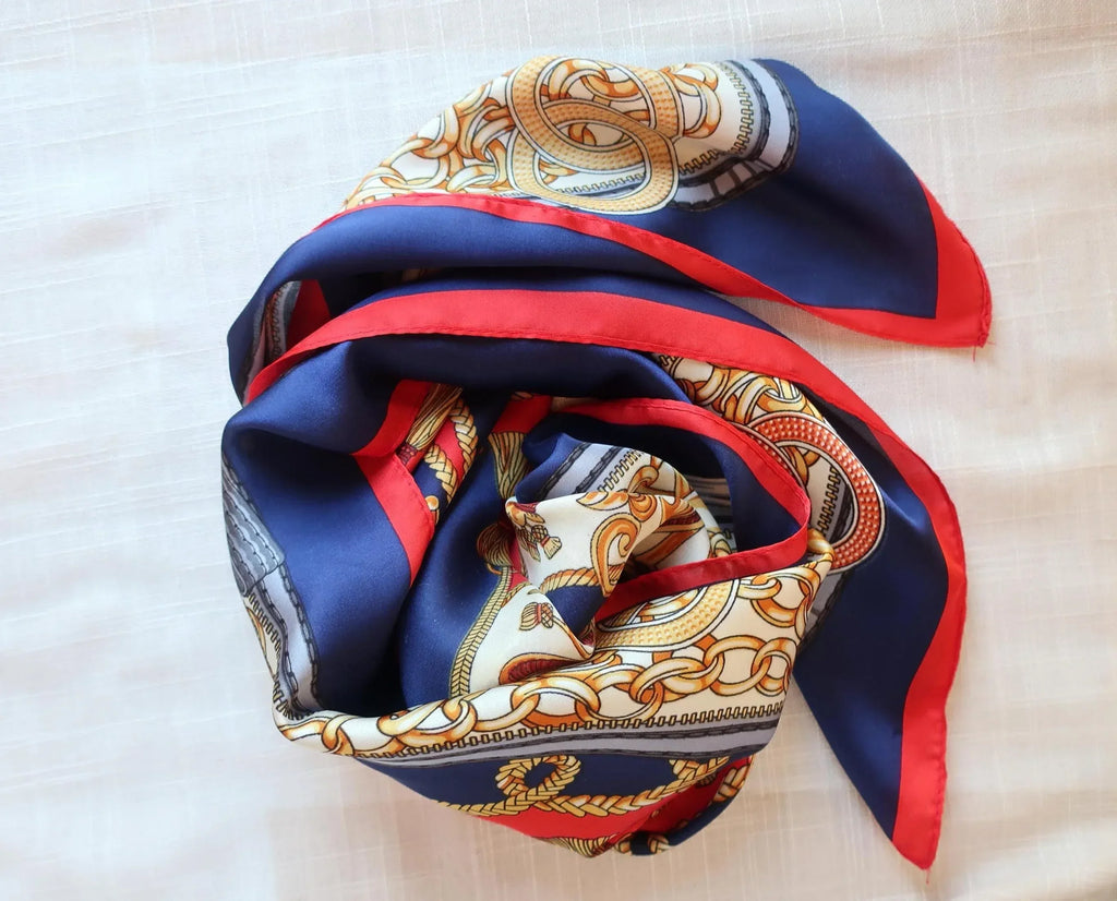 Silk Blend Square Scarf 70×70 cm – Luxury Chain & Tassel Print | Red Navy Gold - Scarves4you