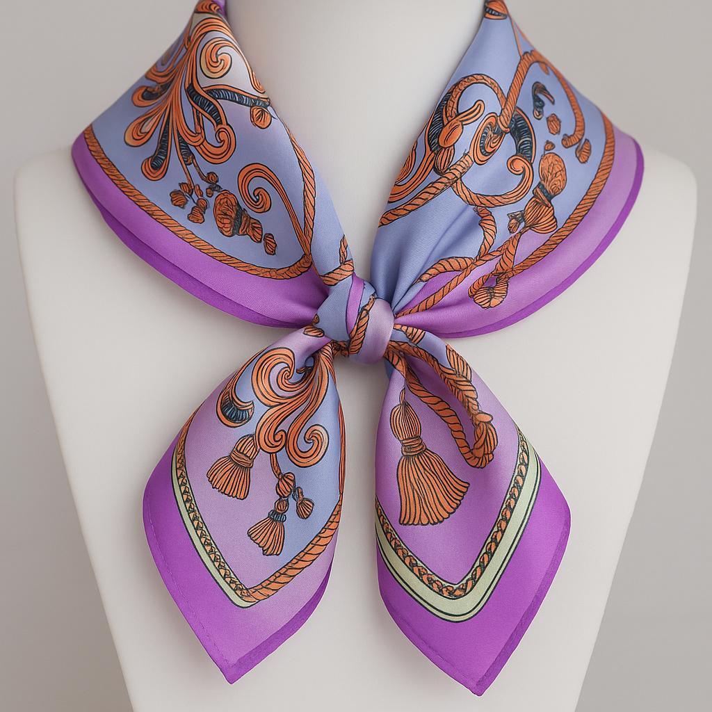 Luxury Silk-like Satin Square Scarf 70x70cm - Purple Blue Baroque Rope Print - Scarves4you