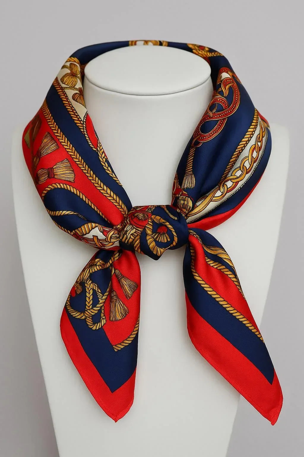 Silk Blend Square Scarf 70×70 cm – Luxury Chain & Tassel Print | Red Navy Gold - Scarves4you