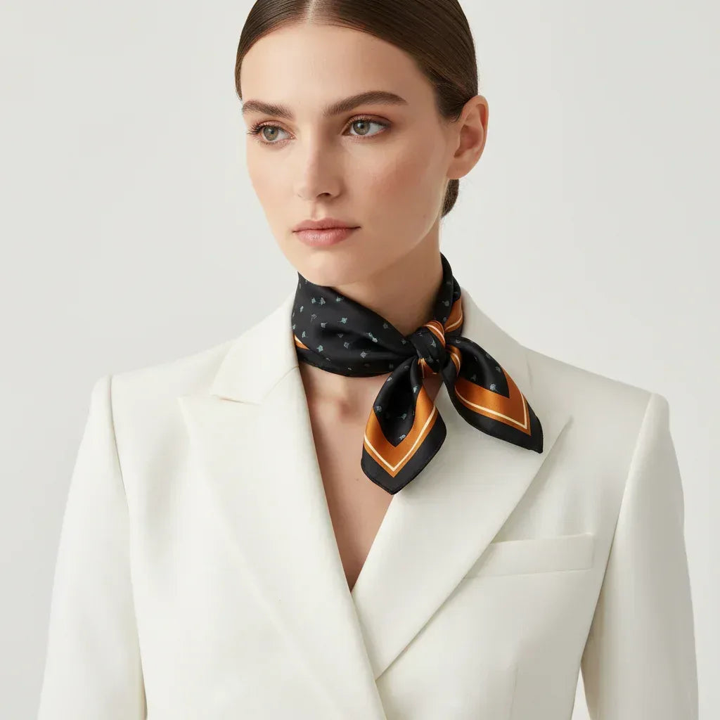 53x53 cm Mulberry Silk Scarf | Black Floral with Rust Border | Luxury Square Scarf | Women's & Men's Neckerchief - Scarves4you