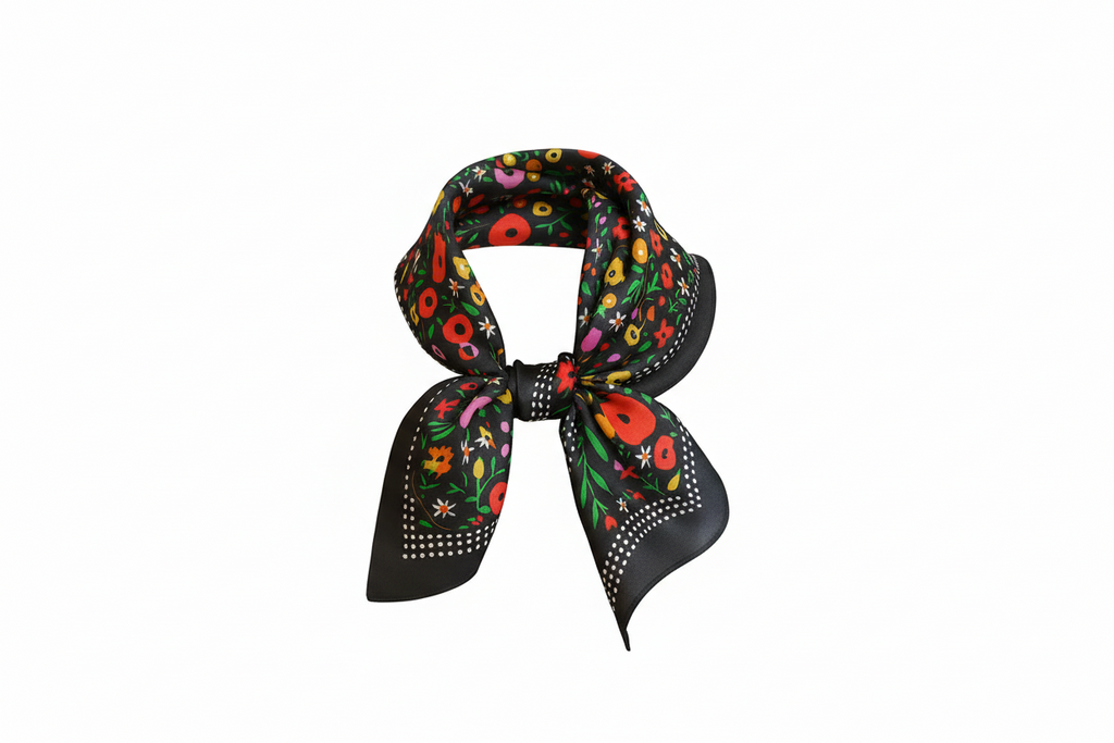 Premium mulberry silk scarf 70x70cm with vibrant night floral pattern featuring colorful poppies and botanical motifs on black background with dotted border