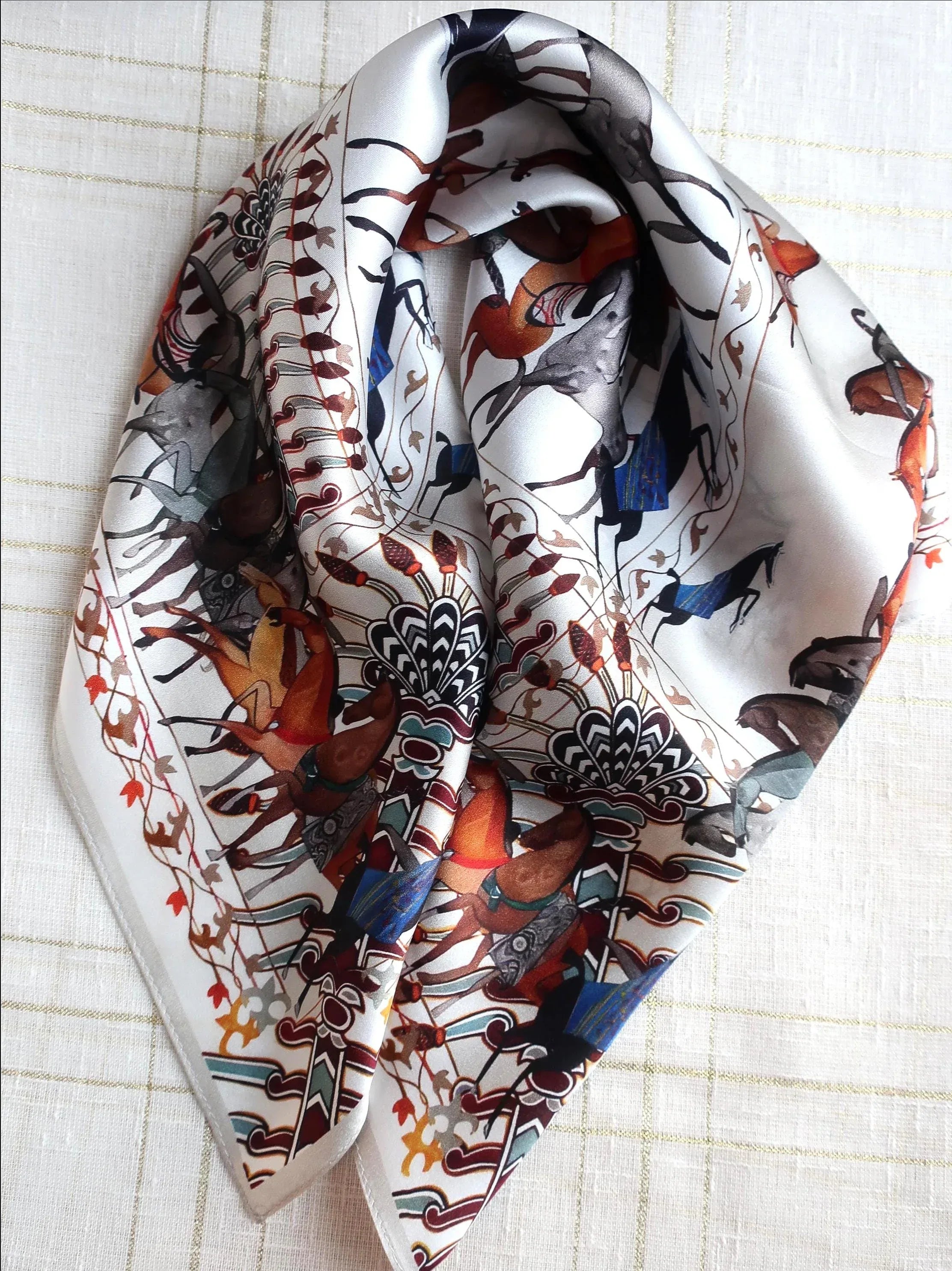 Natural Mulberry Silk Square Scarf - Vintage Equestrian Horse Print 53x53cm - Scarves4you