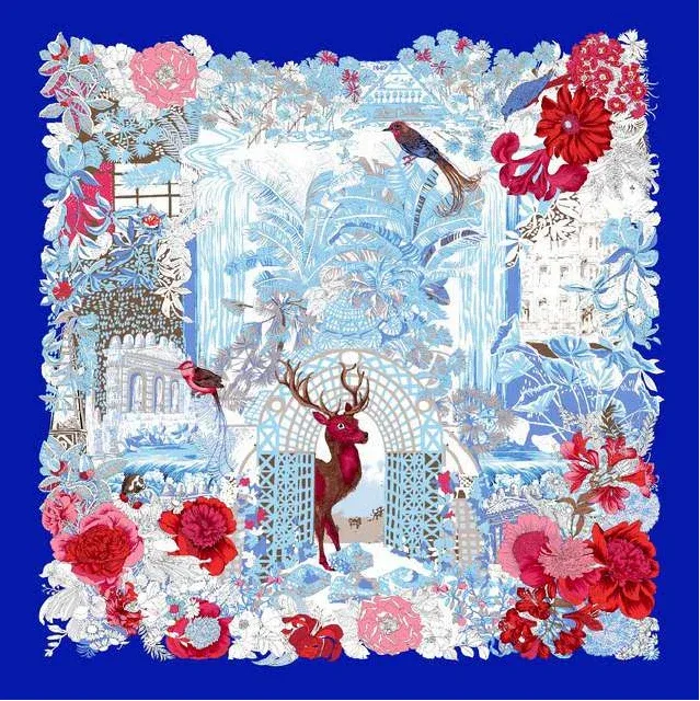 Silk Square Scarf – Floral Deer Print in Blue & Red | 53×53 cm - Scarves4you