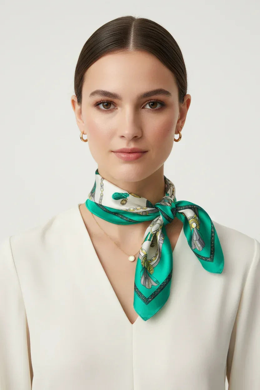 Silk Square Scarf 53×53 cm – Geometric Print in Green | Versatile Bandana - Scarves4you