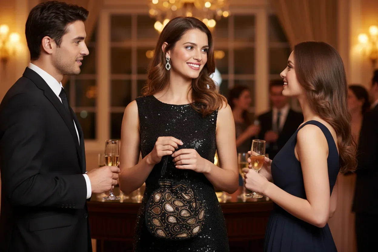 Black & Gold Beaded Potli Bag - Handcrafted Evening Purse - Scarves4you