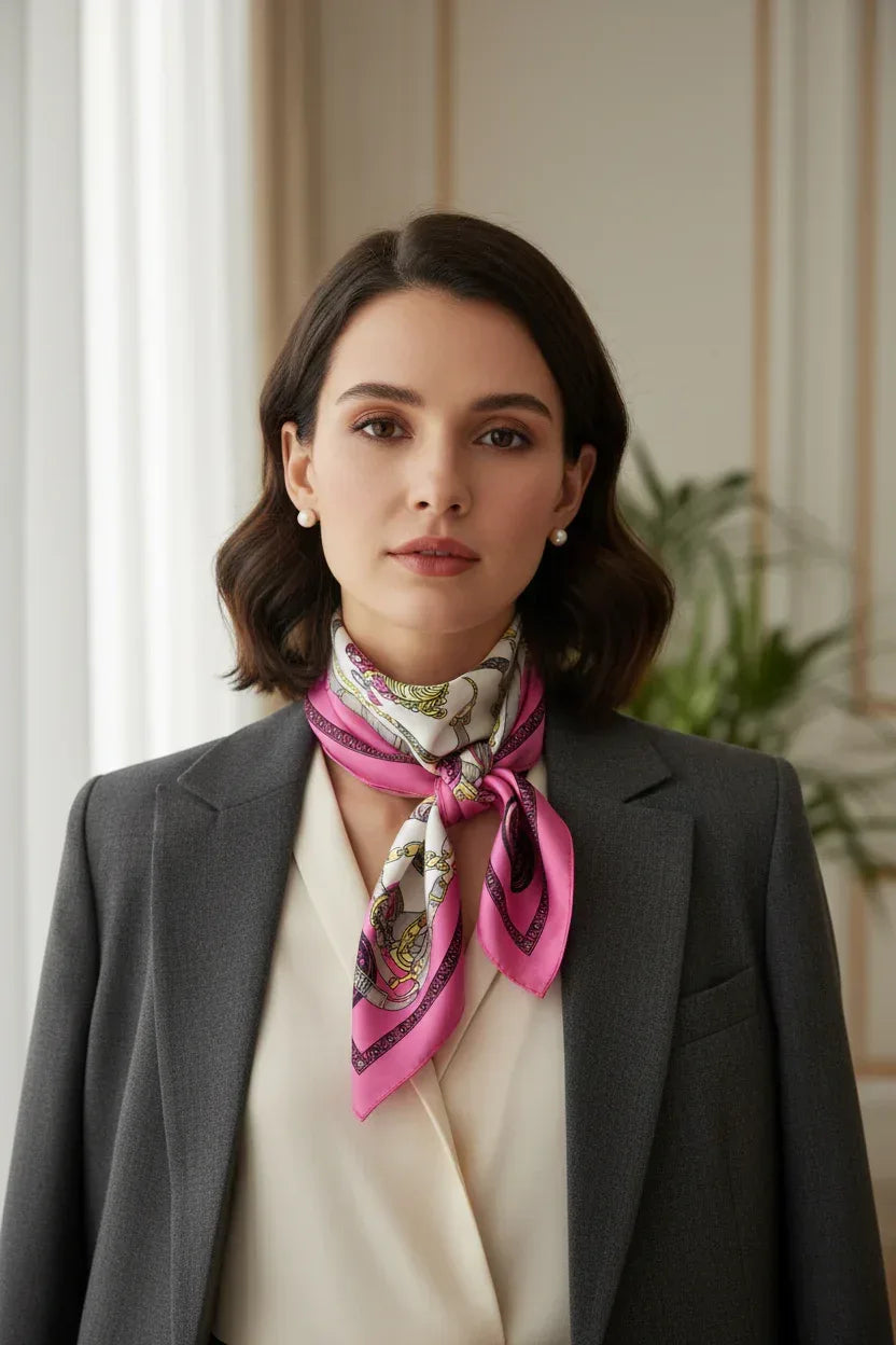 100% Mulberry Silk Square Scarf 53x53cm — Pink Chain & Medallion - Scarves4you