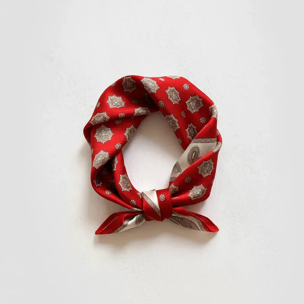 Silk Square Scarf 53×53 cm – Red Mandala & Paisley Print | Bohemian - Scarves4you