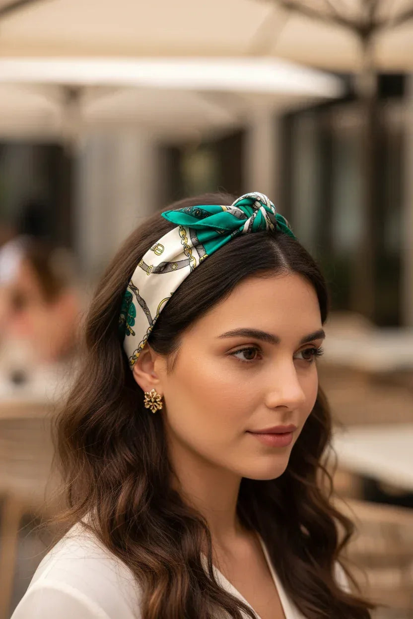 Silk Square Scarf 53×53 cm – Geometric Print in Green | Versatile Bandana - Scarves4you