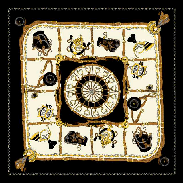 100% Mulberry Silk Square Scarf 53x53cm — Black Chain & Medallion