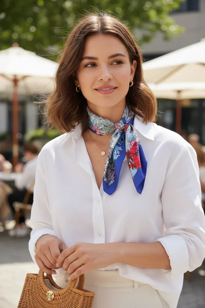 Silk Square Scarf – Floral Deer Print in Blue & Red | 53×53 cm - Scarves4you