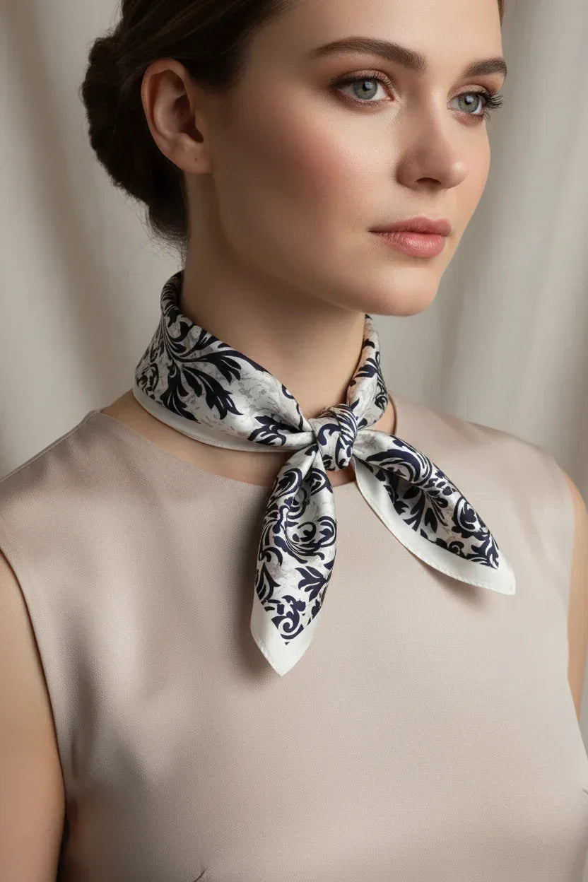 Navy Baroque Silk Scarf 53x53cm | 100% Mulberry Silk Neckerchief - Scarves4you