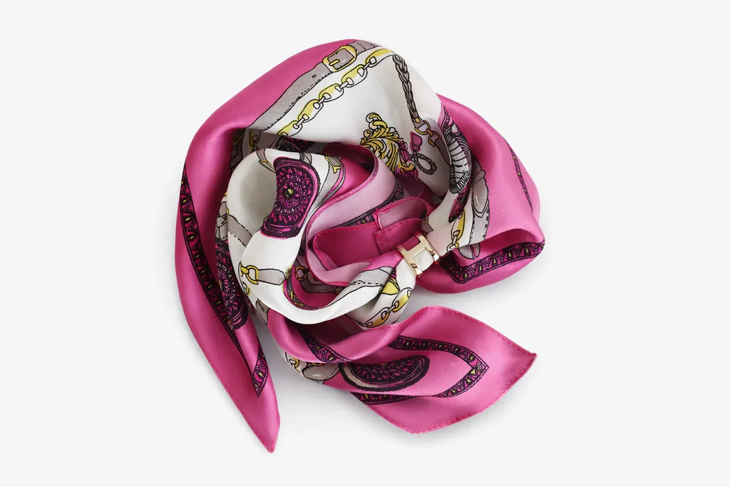 100% Mulberry Silk Square Scarf 53x53cm — Pink Chain & Medallion - Scarves4you