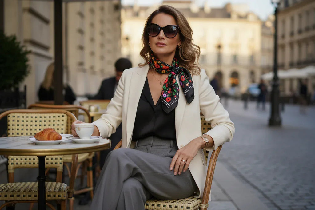 Woman sitting at an outdoor cafe table in a city street, wearing sunglasses and a colorful scarf.