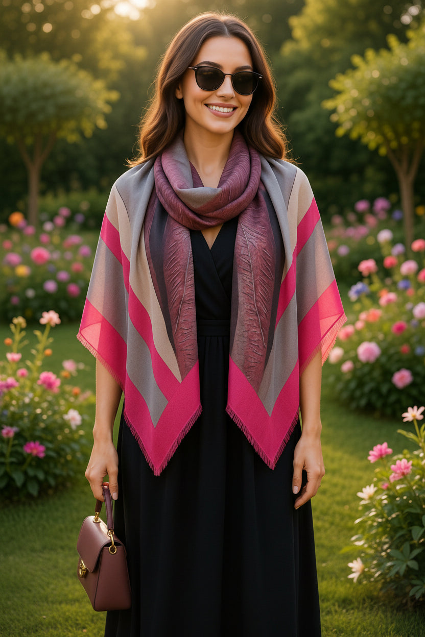 Woman wearing a colorful scarf in a garden setting