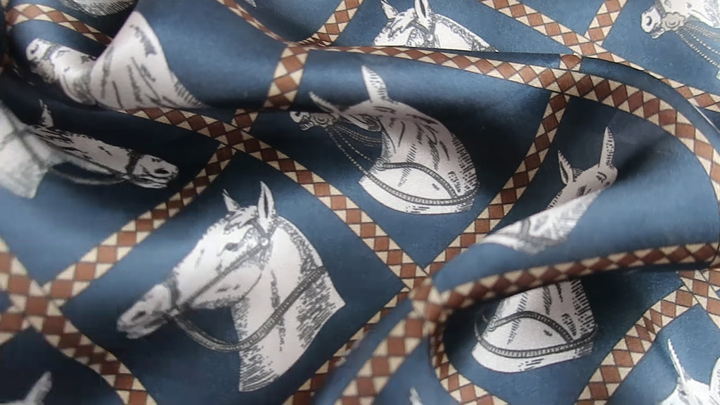 Natural Mulberry Silk Scarf – Navy Blue & White Horse Print Design – 53x53 cm