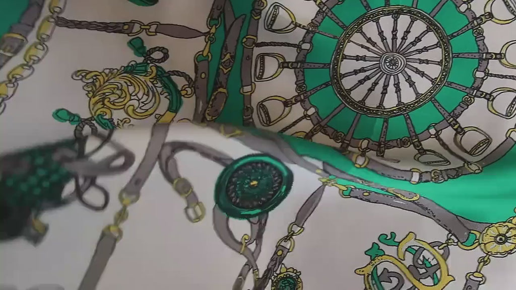 Natural Mulberry Silk Scarf – Green Geometric Print Design – 53x53 cm