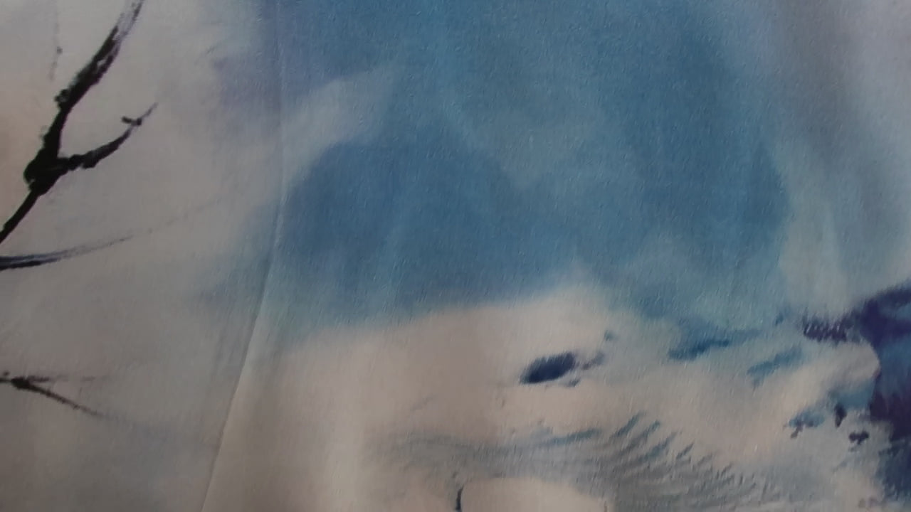 Natural Mulberry Silk Scarf – Blue & White Winter Landscape Design – 53x53 cm