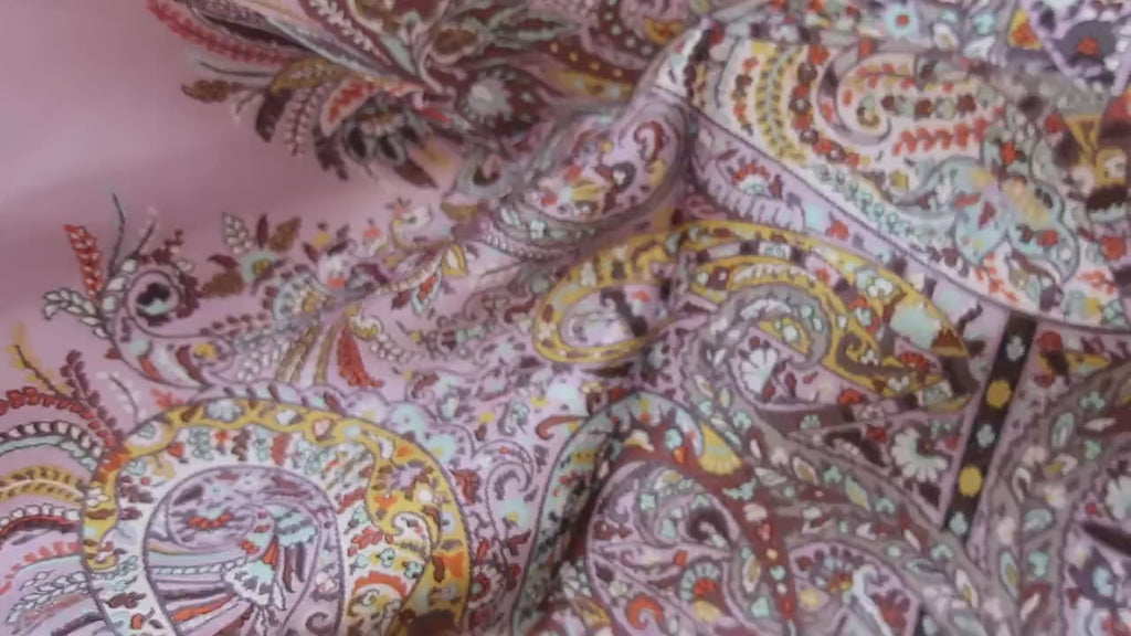 Natural Mulberry Silk Scarf – Pink Violet Paisley Pattern Design – 90x90 cm