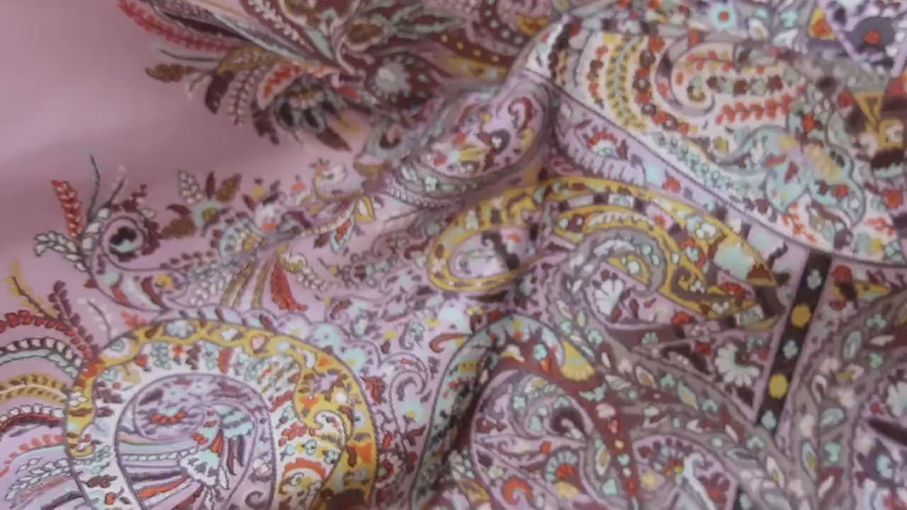 Natural Mulberry Silk Scarf – Pink Violet Paisley Pattern Design – 90x90 cm