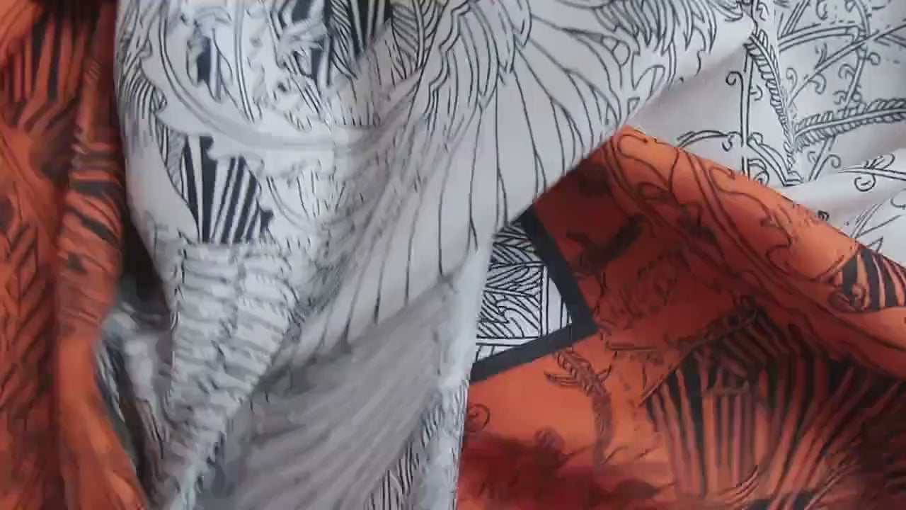 Silk Feel Square Scarf – Grey Orange Botanical Line-Art Design – 100x100 cm