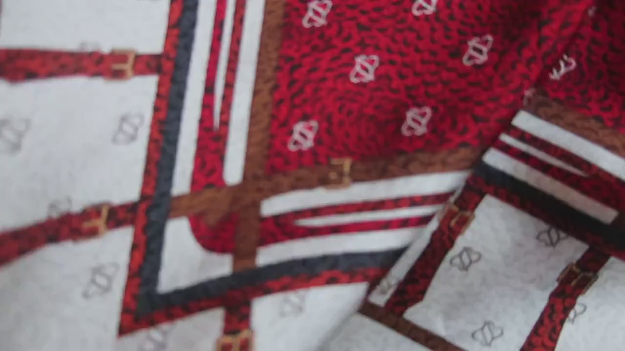 Natural Mulberry Silk Scarf – Red Geometric Stripe Print Design – 53x53 cm