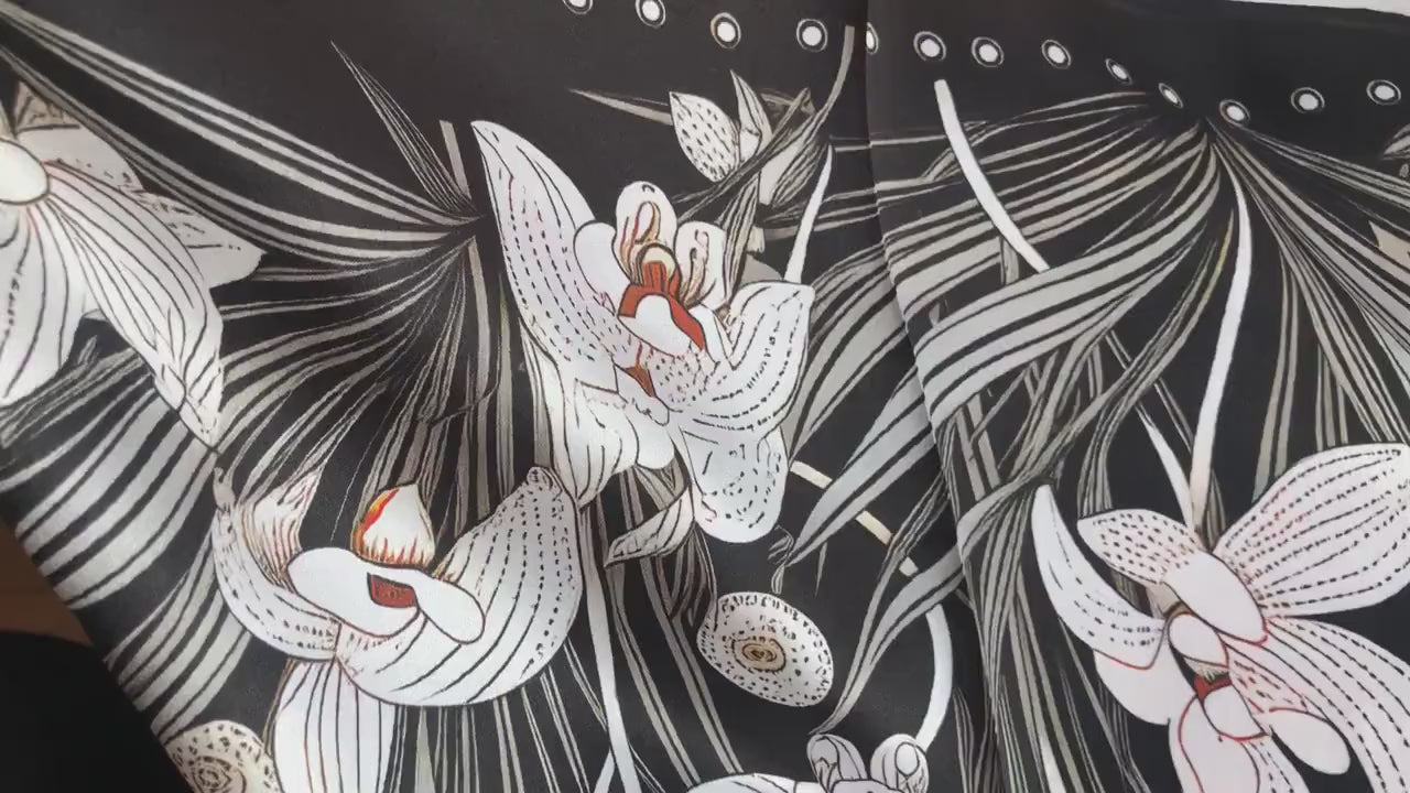 Natural Mulberry Silk Scarf – Black & White Orchid Design – 53x53 cm