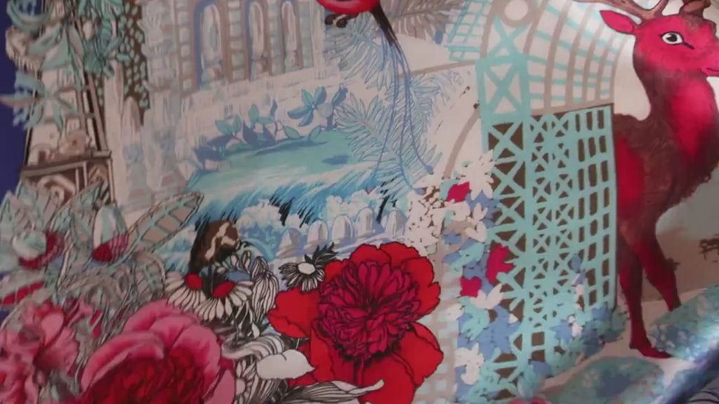 Natural Mulberry Silk Scarf – Floral Deer Print Blue & Red Design – 53x53 cm
