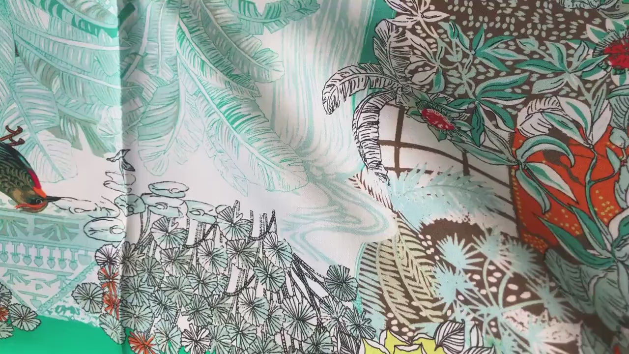 Natural Mulberry Silk Scarf – Turquoise Deer Garden Design – 53x53 cm