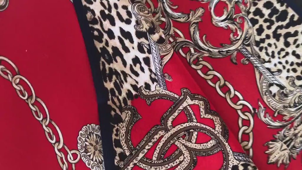 Natural Mulberry Silk Scarf – Red Leopard Chain Pattern Design – 53x53 cm