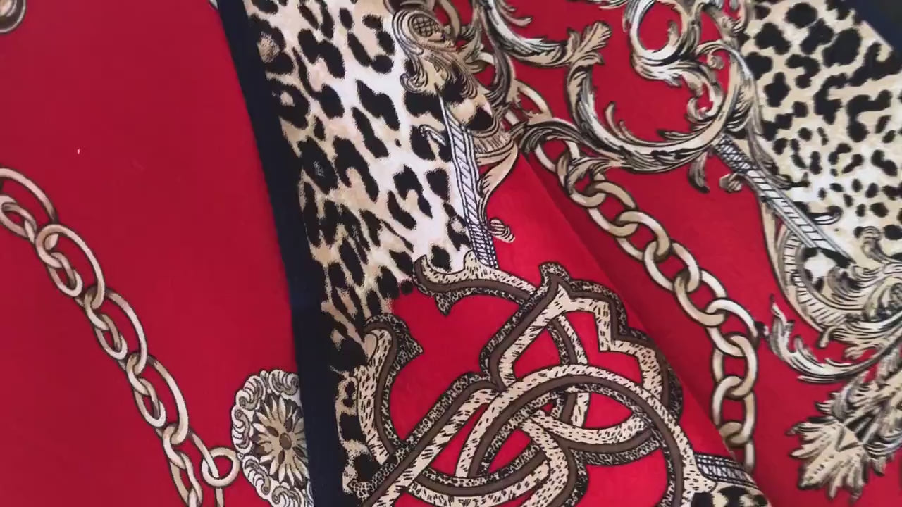 Natural Mulberry Silk Scarf – Red Leopard Chain Pattern Design – 53x53 cm
