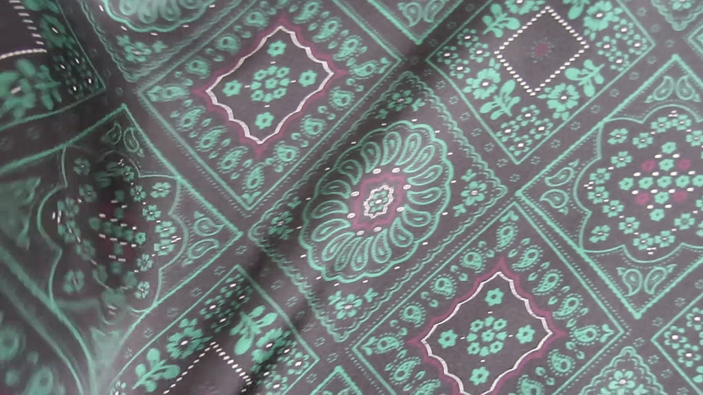 Natural Mulberry Silk Scarf – Dark Green Black Greek Key Design – 53x53 cm