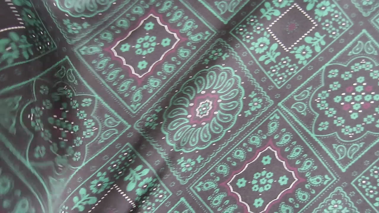 Natural Mulberry Silk Scarf – Dark Green Black Greek Key Design – 53x53 cm