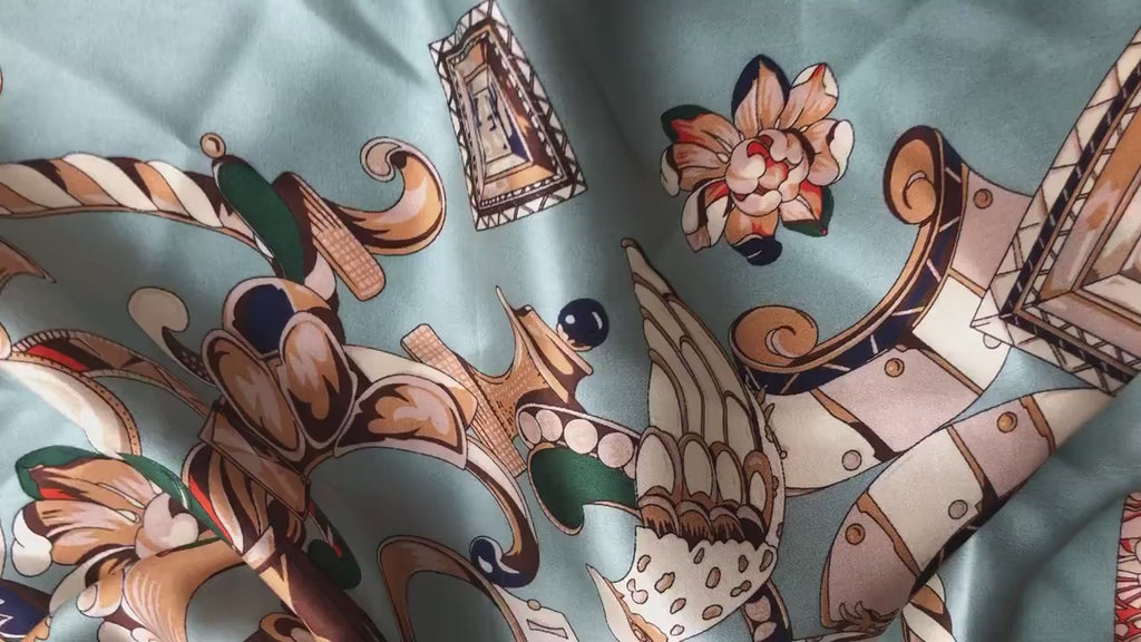 Natural Mulberry Silk Scarf – Turquoise Gold Baroque Design – 53x53 cm