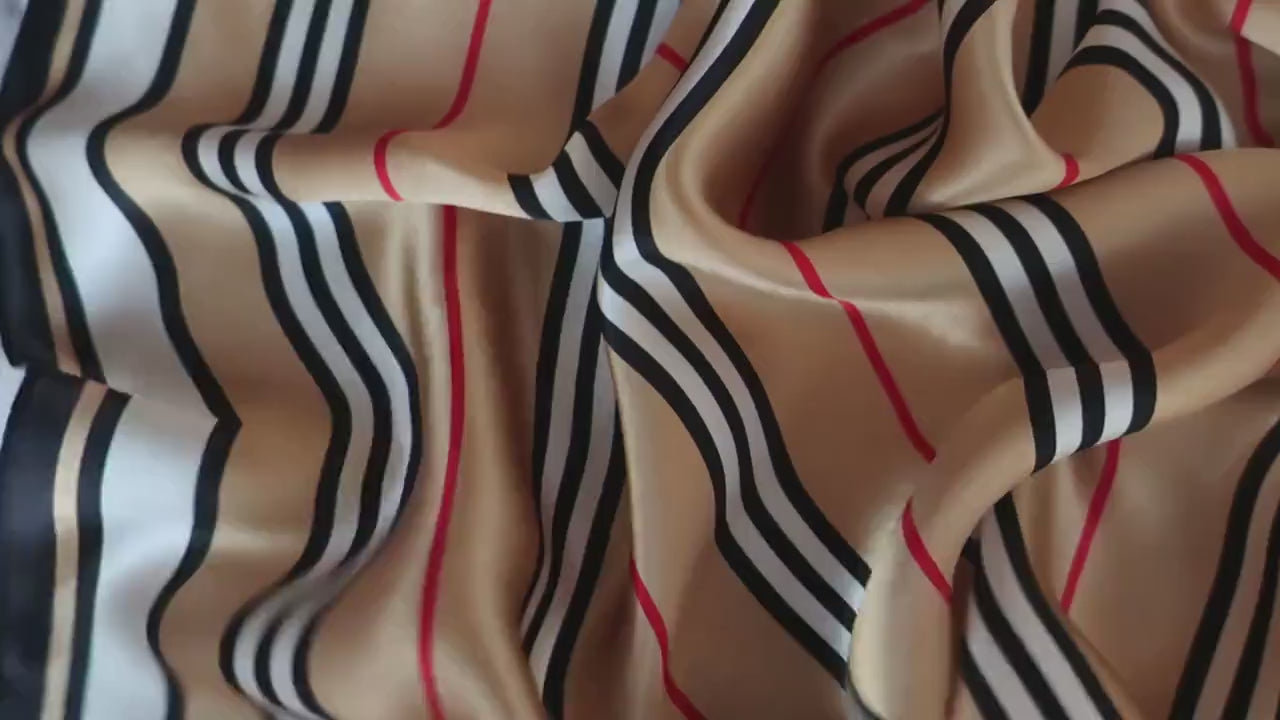 Natural Mulberry Silk Scarf – Beige Black Red Stripe Pattern Design – 53x53 cm