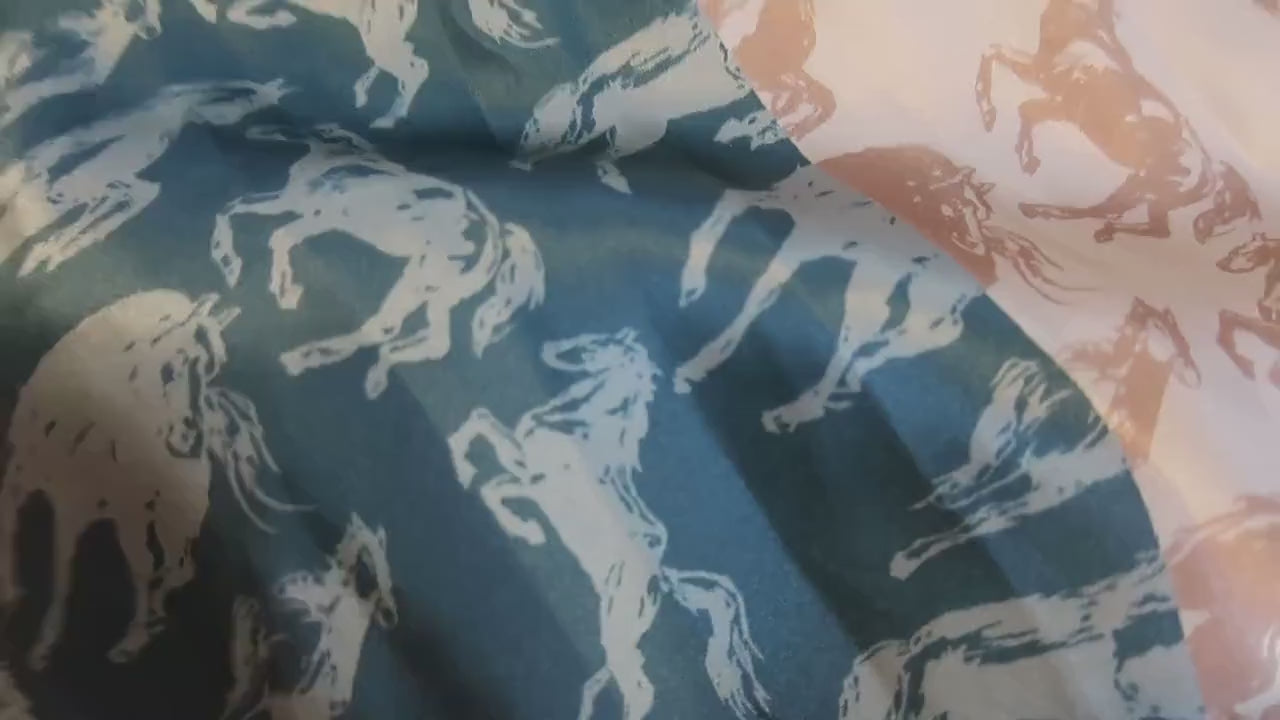 Natural Mulberry Silk Scarf – Beige Horse Print Teal Border Design – 53x53 cm