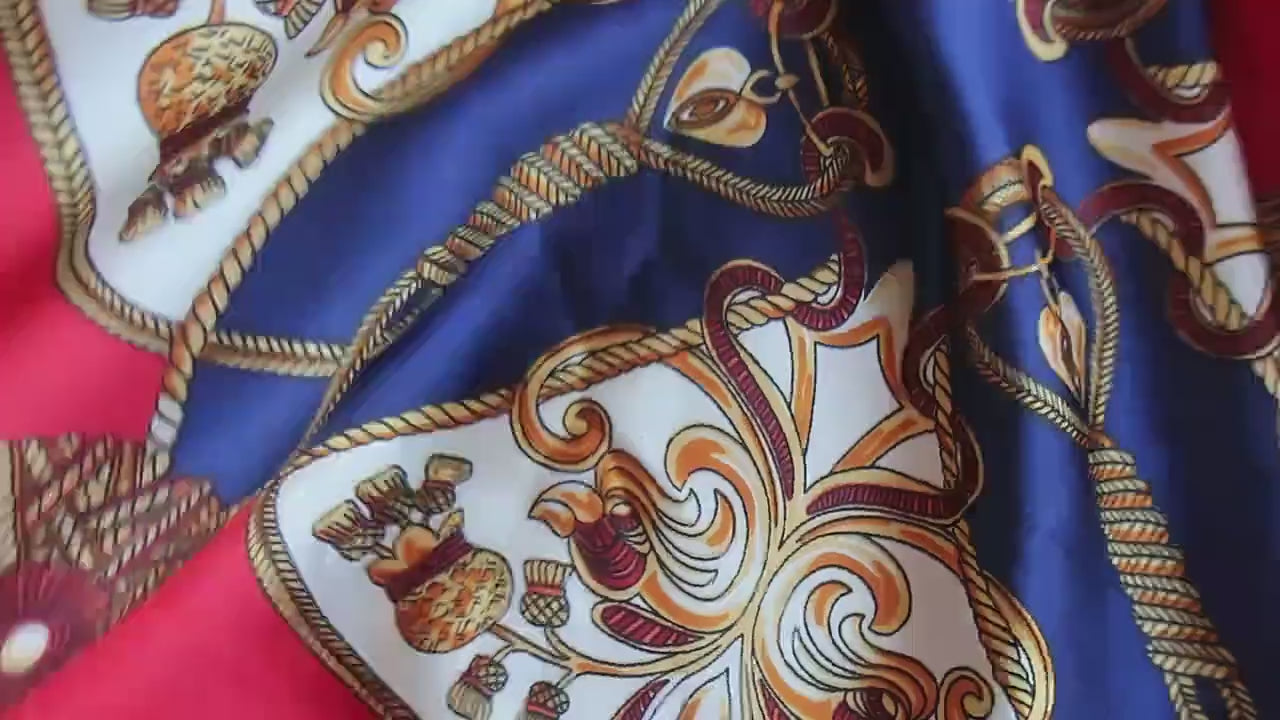 Silk Blend Square Scarf – Luxury Chain & Tassel Print Red Navy Gold Design – 70x70 cm