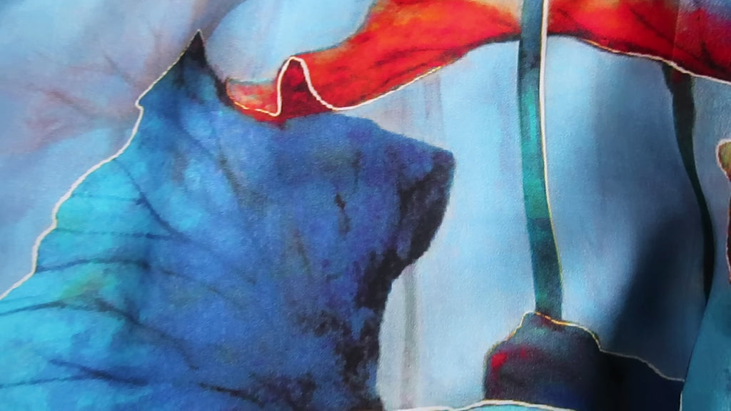 Natural Mulberry Silk Scarf – Abstract Art Print Blue & Orange Design – 53x53 cm