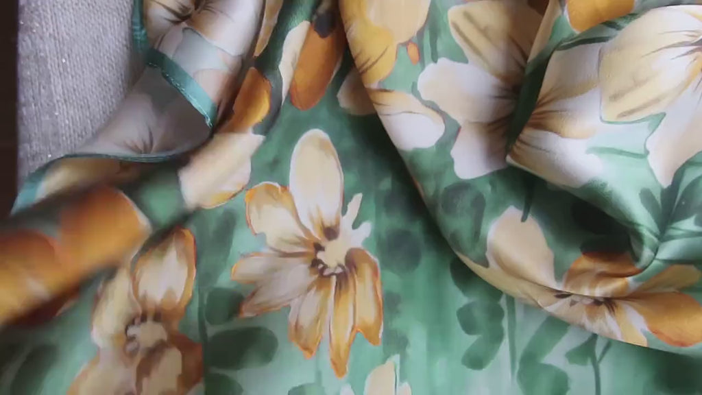 Natural Mulberry Silk Scarf – Green Floral Design – 53x53 cm