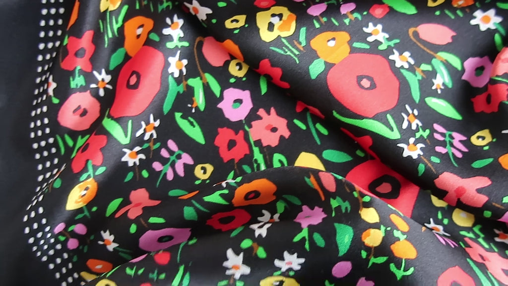 Natural Mulberry Silk Scarf – Black Multicolor Floral Garden Design – 70x70 cm