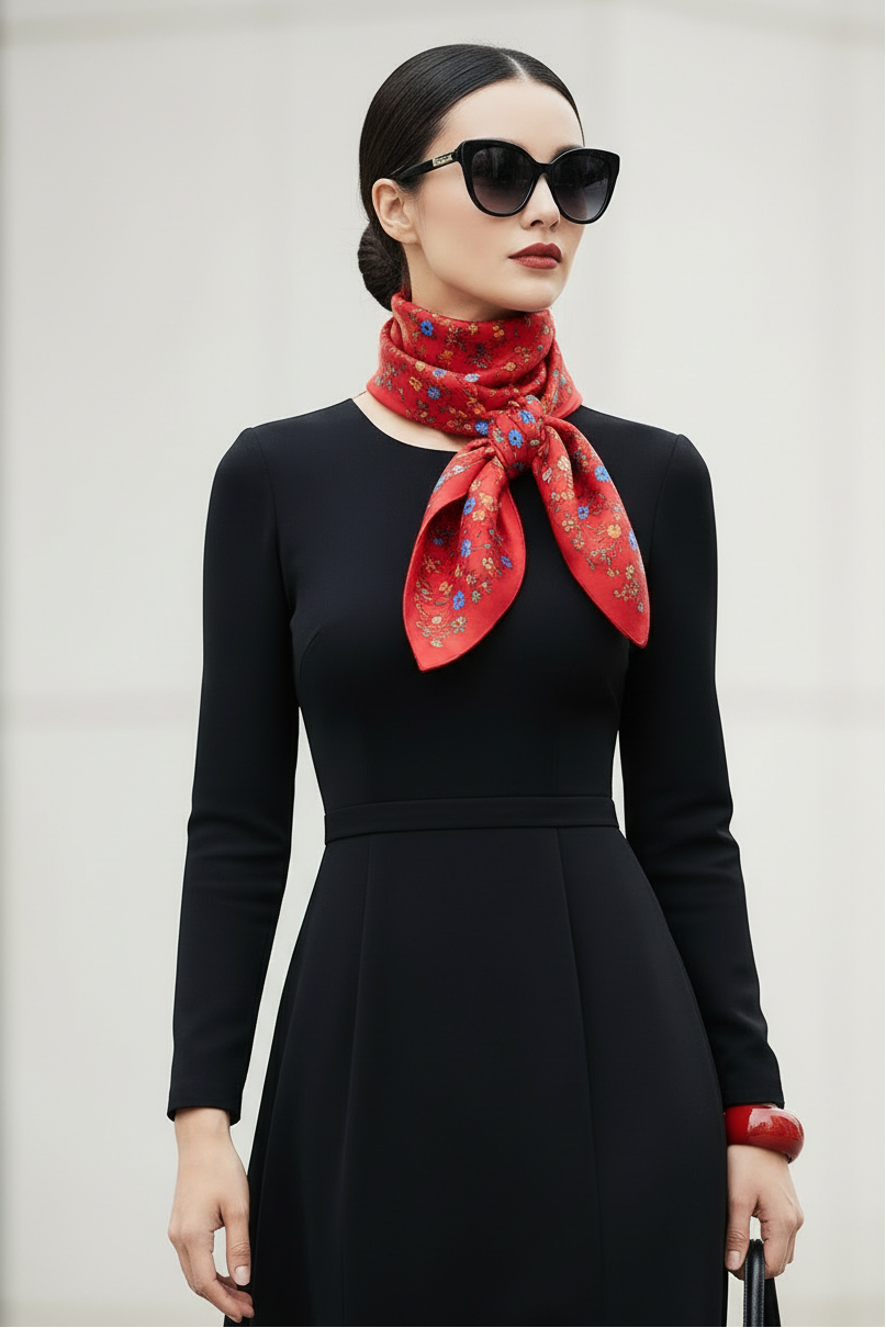 Woman wearing a black dress and red scarf with sunglasses against a light background