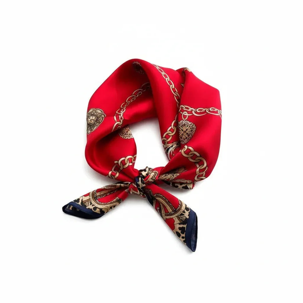 Natural Mulberry Silk Square Scarf - Red Leopard Chain Pattern 53x53cm - Scarves4you