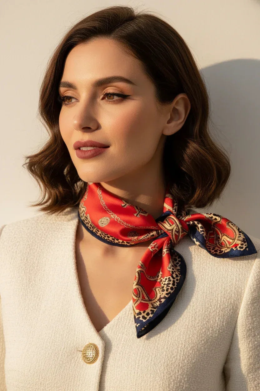 Natural Mulberry Silk Square Scarf - Red Leopard Chain Pattern 53x53cm - Scarves4you