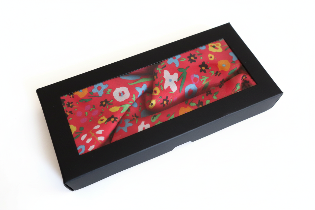 Floral-patterned headband in a black box on a white background
