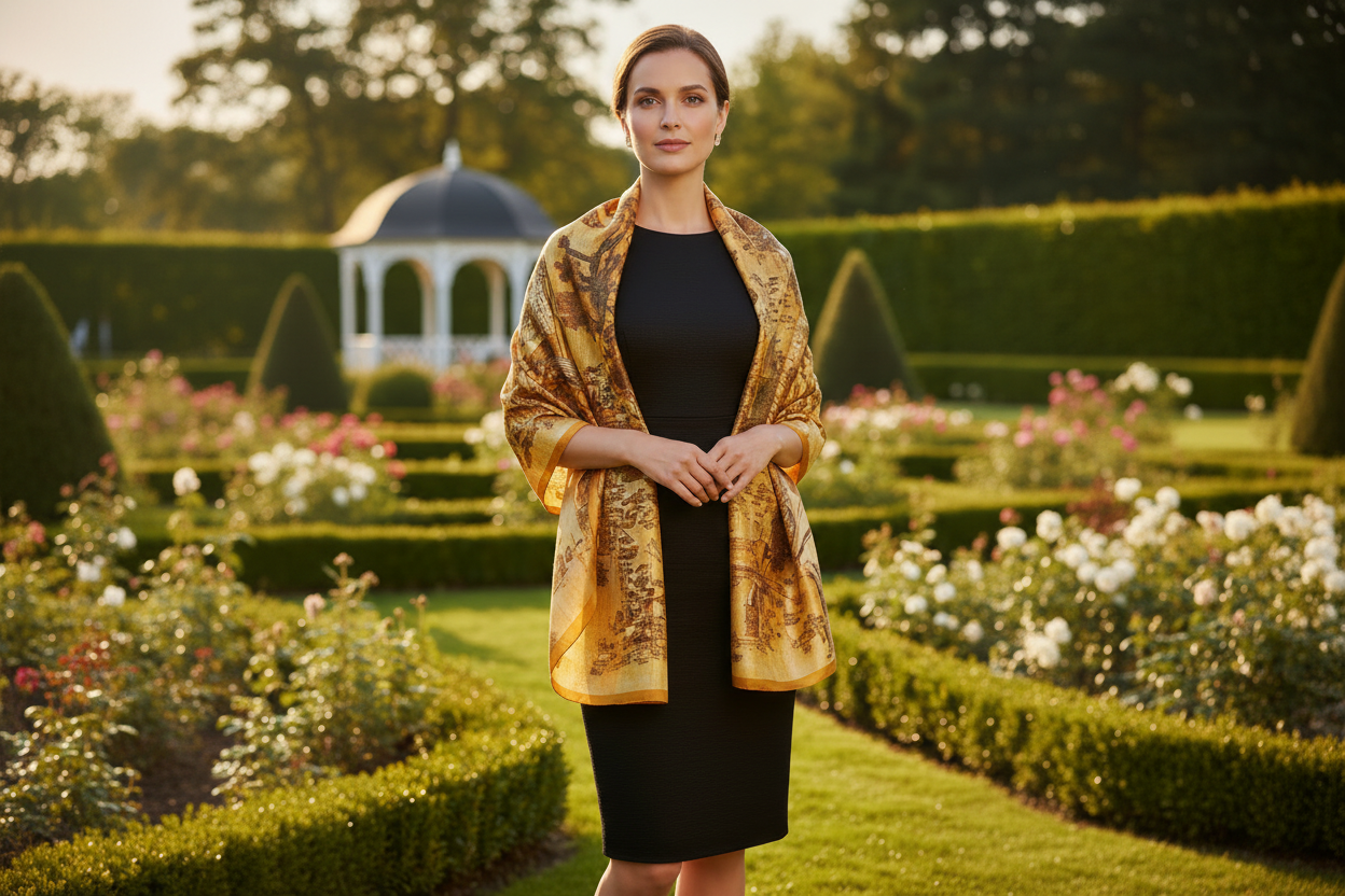 Refined woman at outdoor garden party with oriental motif stole