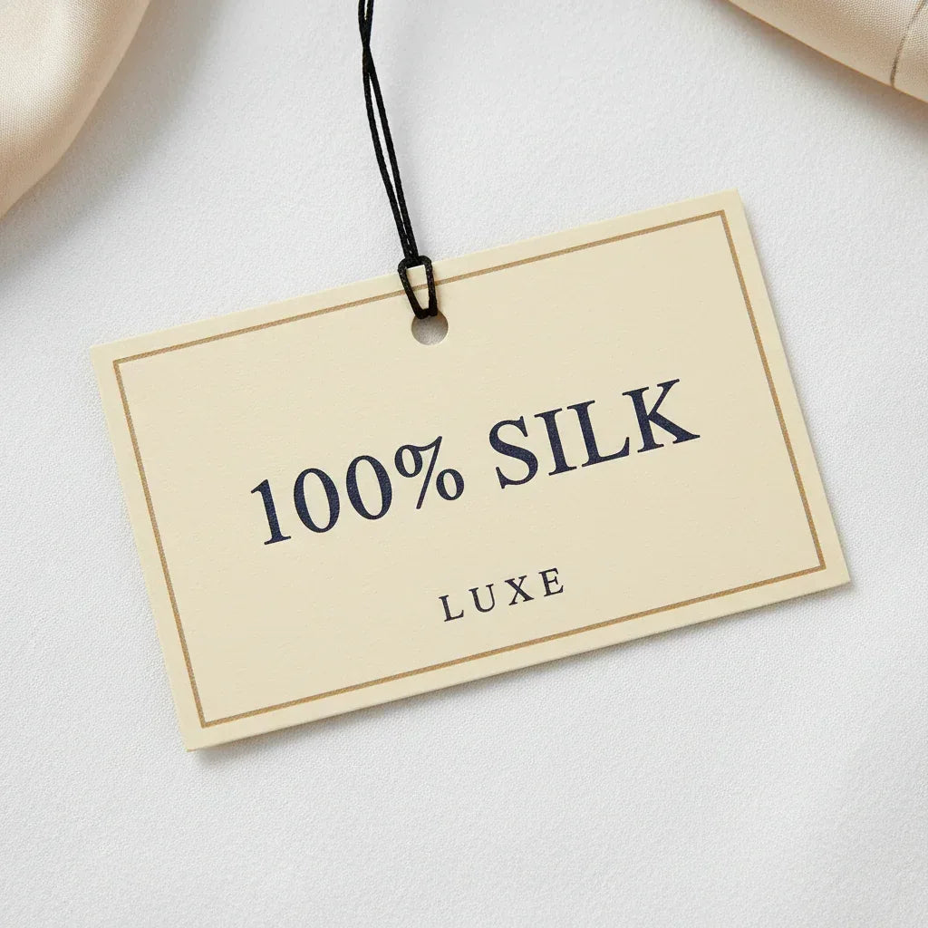 Label indicating 100% silk on a light background