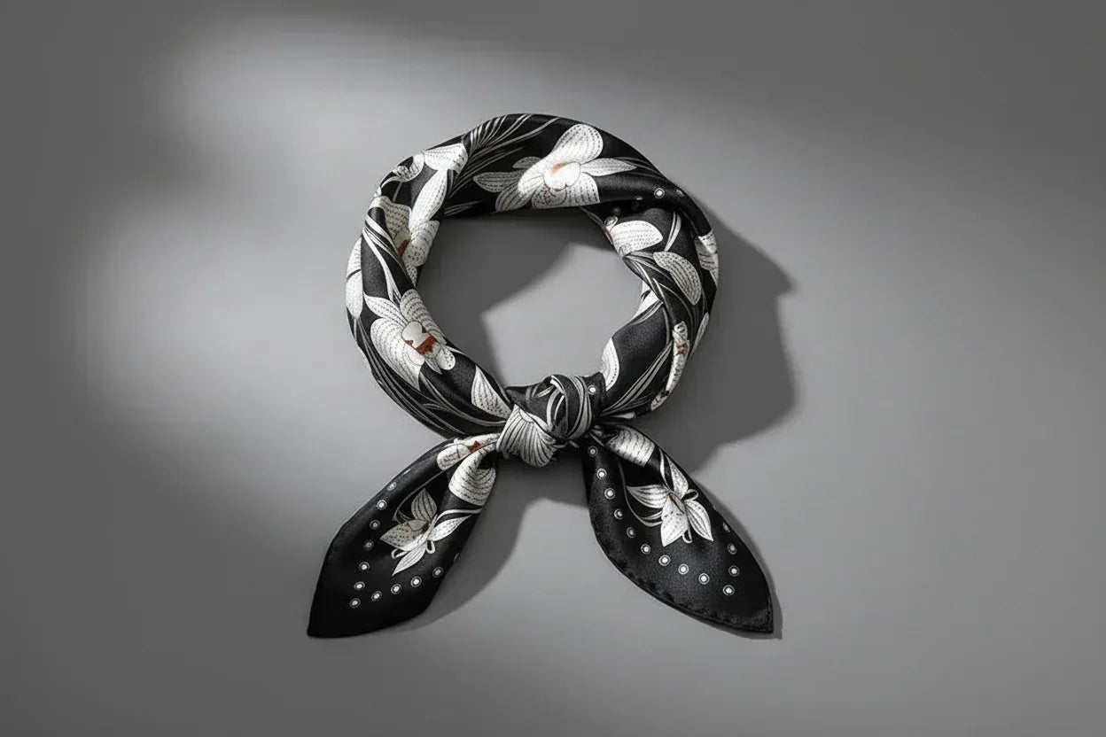 53x53 cm Mulberry Silk Orchid Scarf | Black & White | Luxury Square Scarf | Women's & Men's Neckerchief - Scarves4you