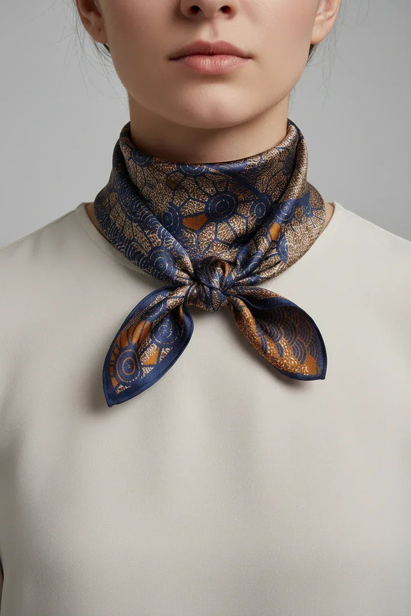 53x53 cm Mulberry Silk Scarf | Navy Blue Gold Geometric | Luxury Square Scarf | Women's & Men's Neckerchief - Scarves4you