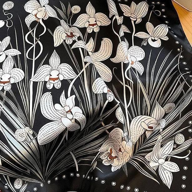 53x53 cm Mulberry Silk Orchid Scarf | Black & White | Luxury Square Scarf | Women's & Men's Neckerchief - Scarves4you